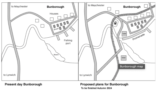 The two maps below show the village of Bunborough in the present day and plans for the village in 2024.

Summarise the information by selecting and reporting the main features and make comparisons where relevant.

Write at least 150 words.