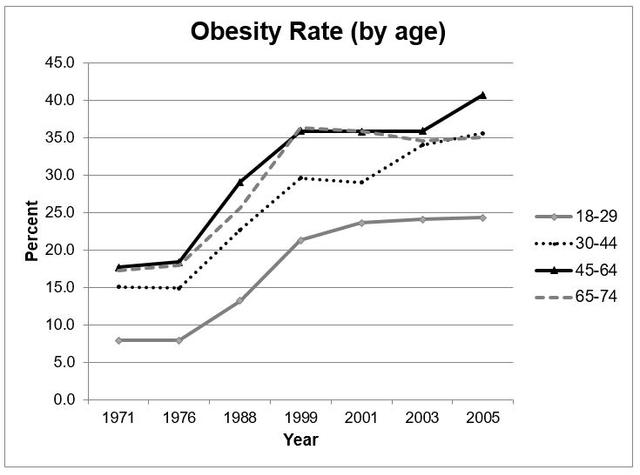 Take a look at the graphic and complete the task.

The graph shows the obesity rate in one country over a period of time.