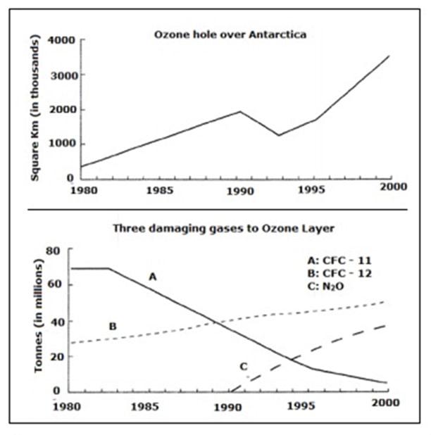 The line graphs show the size of the ozone hole in Antarctic and three types of damaging gases that damage the Antarctic ozone from 1980 to 2000. Summarize the information by selecting and reporting the main features, and make comparisons where relevant