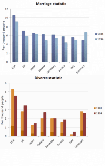 Thw bar charts show the marriage and divorce statistics of nine countries from 1981-1994